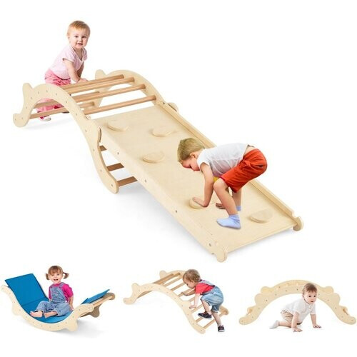 Tweedekans Coast 3-in-1 Klimladder Set - Houten Boog, Klimmen & Glijbaan (60 kg) - 116 x 50 x 39 cm - Berk/Beukenhout - Naturel/Blauw Tweedehands