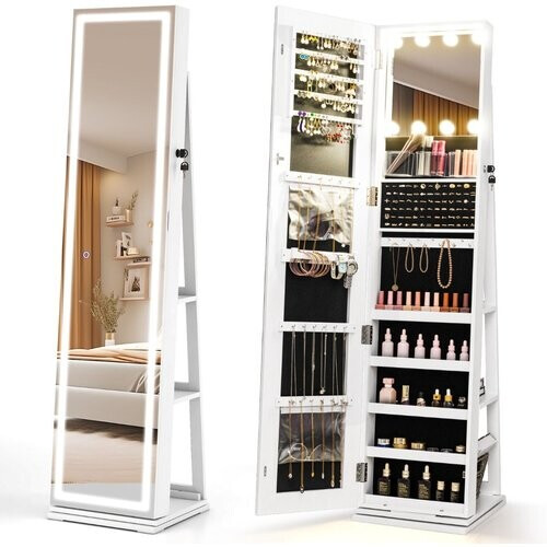 Tweedekans Coast 360° Draaibare Sieradenkast met Passpiegel en LED Verlichting - Wit - 43 x 38 x 160 cm Tweedehands