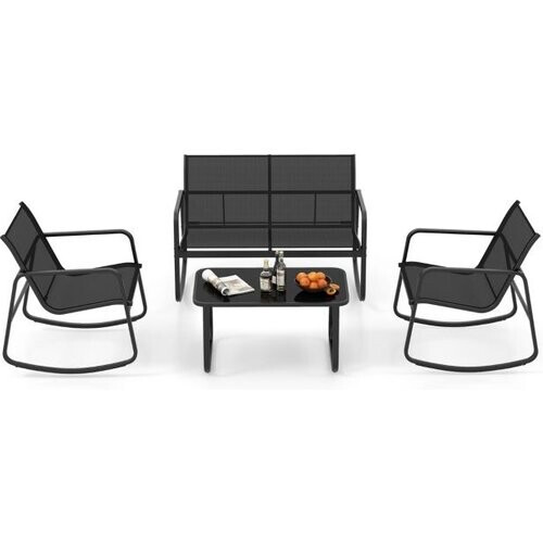 Tweedekans Coast 4-Delige Schommel Patioset – 2 Schommelstoelen (72x61x80 cm), Loveseat (72x114x80 cm) & Glazen Tafel (75x44x40 cm) – Zwart Tweedehands