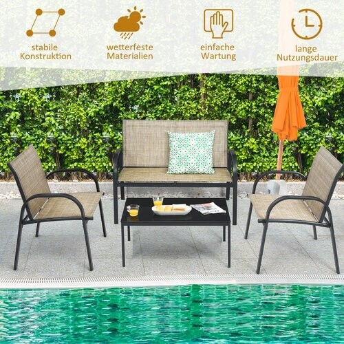 Tweedekans Coast 4-Delige Tuinmeubelset - Bank 2 Stoelen en Salontafel -Bruin - Metaal/Stof/Gehard Glas Tweedehands