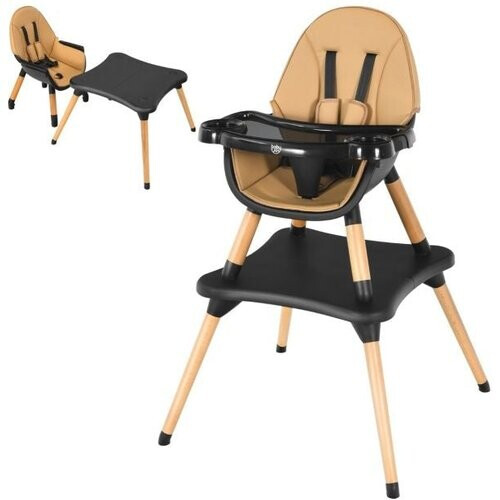 Tweedekans Coast 4-In-1 Babystoel Baby Houten Eetstoelen met 5-Punts Veiligheidsgordel 4-Stappen Verstelbaar Afneembaar Dienblad & PU Kussen Bruin Tweedehands