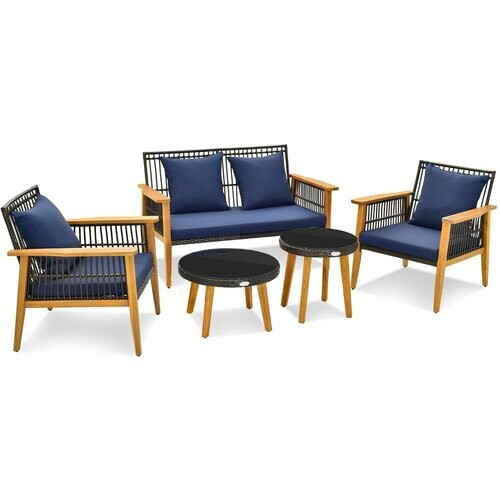 Tweedekans Coast 5-Delige Rotan Buitenmeubelset Bruin met Marineblauwe Kussens – 2 Stoelen, Loveseat en 2 Salontafels (Stoel 75x76x80 cm, Loveseat 132x76x80 cm, Tafel Ø48 cm & 60x38 cm)