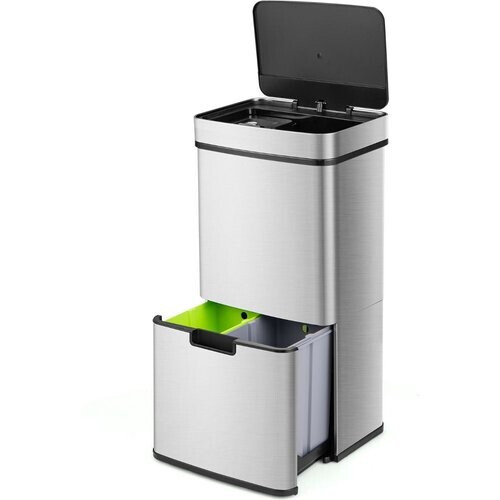 Tweedekans Coast 72 L Vuilnisemmer met Sensor – 4 Vakken, Zilver, 42 x 32-58 x 84-110 cm, Elektrische Afvalemmer met Zachte Sluiting voor Keuken en Kantoor