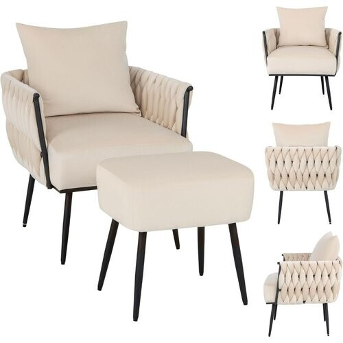 Tweedekans Coast - Bijzetstoel & Voetenbank Set - Fluweel, Geweven Rugleuning & Metaal Poten - Stoel 66 x 65 x 80 cm - Fluweel/Metaal - Beige