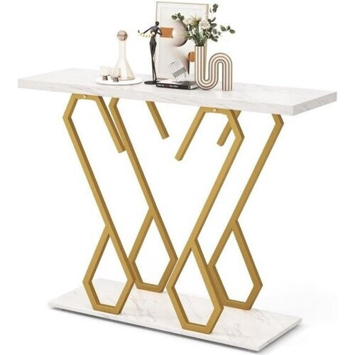 Tweedekans Coast Bijzettafel - Marmerlook - 100 x 30 x 79 cm - Wit/ Goud Tweedehands