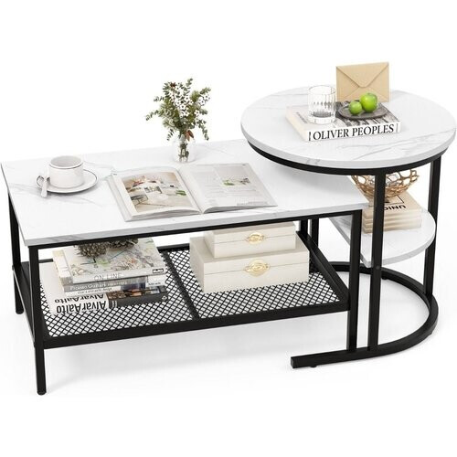 Tweedekans Coast Bijzettafel - Set van 2 - Marmerprint - Wit/ Zwart Tweedehands