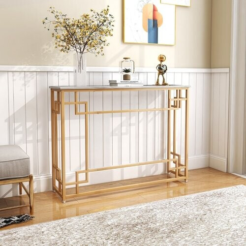 Tweedekans Coast Bijzettafel - Wit Tafelblad met Imitatiemarmer - Gouden Frame - 110 x 30 x 81 cm - MDF/Metaal Tweedehands