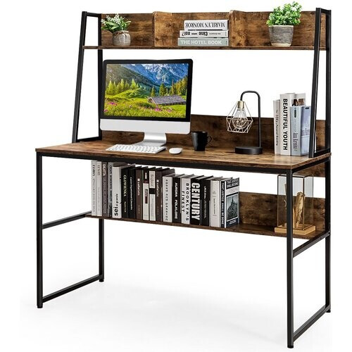 Tweedekans Coast Bureau met Plank – 120x57x140 cm – Koffie – Computertafel van Hout en Metaal met Open Boekenkast en Verstelbare Voetpads Tweedehands