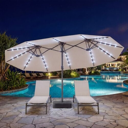 Tweedekans Coast Dubbele Tuinparasol 460 x 285 cm - 48 Solar LED - Inclusief Standaard/Zandzakken Tweedehands
