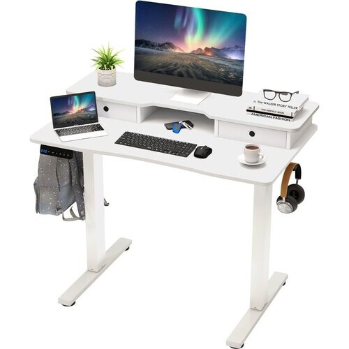 Tweedekans Coast Elektrisch Zit-Stabureau - In hoogte verstelbaar - Met monitorstandaard en lades - Wit 100 x 60 cm