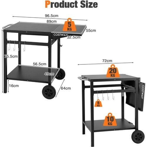 Tweedekans Coast Grillwagen met Inklapbaar Tafelblad - 2 Laags - 4 Haken - Zwart - 96,5 x 64 x 75,5 cm Tweedehands