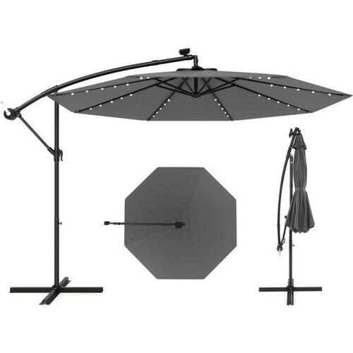 Tweedekans Coast Grote Verplaatsbare Hangparasol - 300x300x250 cm - 40 LED Lampen & Zonnepaneel – Grijs Tweedehands