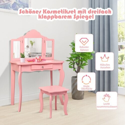Tweedekans Coast - Kaptafel/Bureau Kinderen 2-in-1 (Met Krukje) - Drievoudige Spiegel, Lade - 70 x 34 x 104 cm - MDF/Grenenhout - Roze Tweedehands