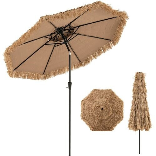 Tweedekans Coast Hawaïaanse Rieten Tiki Parasol 267x247 cm – Natuurlijke Terrasparasol met Zwengel, Kantelmechanisme & 8 Stevige Baleinen Tweedehands