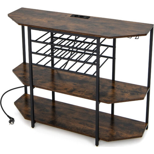 Tweedekans Coast Industriële Wijnbar met Oplaadstation – 21-Flessen Wijnrek, 3-Niveau Planken, 40×120×92 cm – Rustiek Bruin Tweedehands