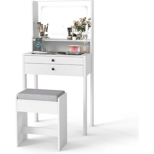 Tweedekans Coast Kaptafel met LED Spiegel en Kruk - 64 x 40 x 132 cm - Wit - met Gehard Glazen Blad en Stopcontacten Tweedehands