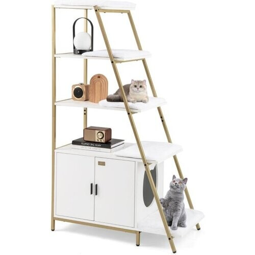 Tweedekans Coast Kattenbakkast met Opbergruimte 92,5 x 49 x 149 cm - 2-in-1 Kattenmeubel met 5 Planken en Ladder - Rustiek Bruin Zwart / Wit Goud Tweedehands