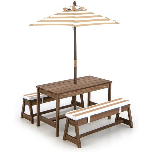 Tweedekans Coast Kinderen Picknicktafel met Paraplu en Kussens – 89 x 85 x 47 cm – Koffiekleur – Activiteitentafel en Stoelenset voor Binnen en Buiten Tweedehands