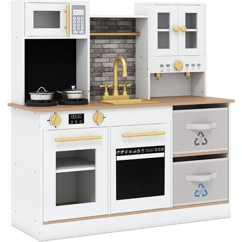 Tweedekans Coast Kinderkeuken Houten Speelkeuken met Licht & Geluid - Koffiemachine, Magnetron, Oven & Kookgerei - Natuur - 91 x 30 x 90 cm Tweedehands