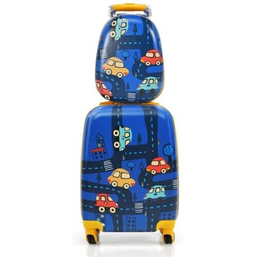 Tweedekans Coast Kinderkofferset 2-delig Kindertrolley + Rugzak Auto's Donkerblauw Tweedehands