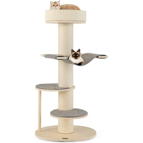 Tweedekans Coast Krabpaal voor Binnenkatten 120 cm - Houten Kattentoren met Dikke Sisal Krabpalen, Hangmat en Verwijderbare Kussens - Grijs Tweedehands