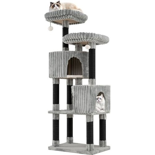 Tweedekans Costway krabpaal - 2 kattenhuisjes en 2 ligbedden - 59 x 40 x 156 cm - Lichtgrijs Tweedehands