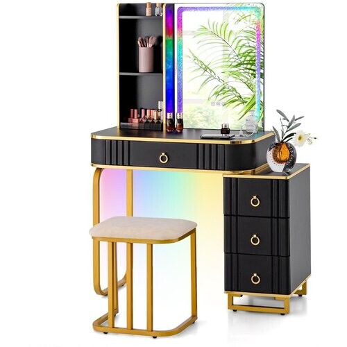 Tweedekans Coast Make-Up Tafel met Spiegel en Oplaadstation - Inclusief Kruk - Zwart - 80 x 40 x 137 cm Tweedehands