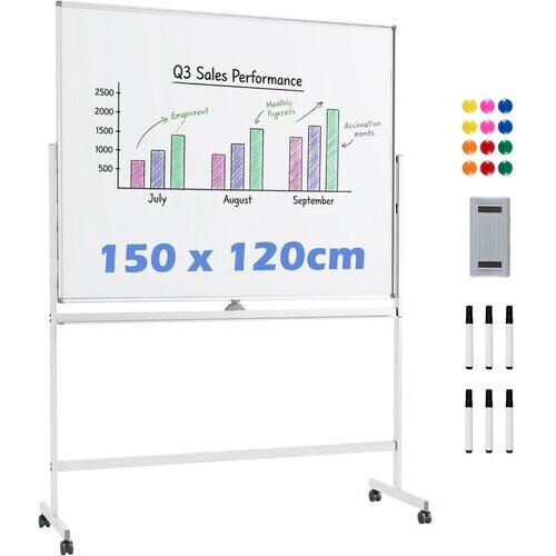 Tweedekans Coast Mobiel Whiteboard - Dubbelzijdig magnetisch bord - Verstelbare hoogte - Met wieltjes - Wit 150 x 120 cm