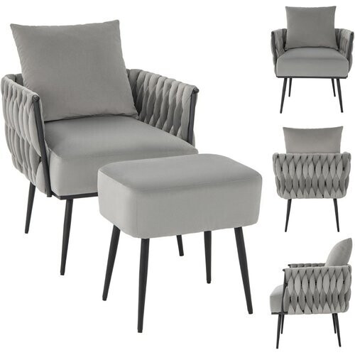 Tweedekans coast Moderne Nederlandse Fluwelen Bijzetstoel en Voetenbank Set – Grijs – 66x65x80 cm | 46x35x45,5 cm
