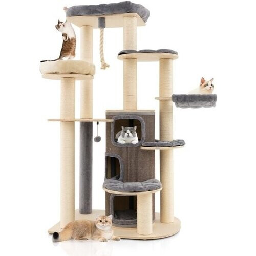 Tweedekans Coast Multi-level houten krabpaal - 3 niveaus - 95 x 68 x 173 cm - Grijs Tweedehands