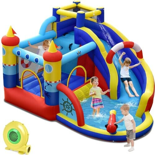 Tweedekans Coast Opblaasbaar Speelkasteel Piratenschip - 5-in-1 Waterpark met Glijbaan en Klimwand - Inclusief Waterpistool en Ventilator - 360 x 290 x 200 cm Tweedehands