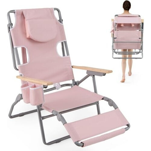 Tweedekans Coast Opvouwbare Strandstoel 66 x 149 x 56 cm - 3-in-1 - Voetsteun/Gezichtsopening - Roze Tweedehands