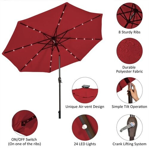 Tweedekans Coast Parasol - 24 Zonne-energie LED's - UV-bestendig & Kantelfunctie - 305cm - Rood Tweedehands
