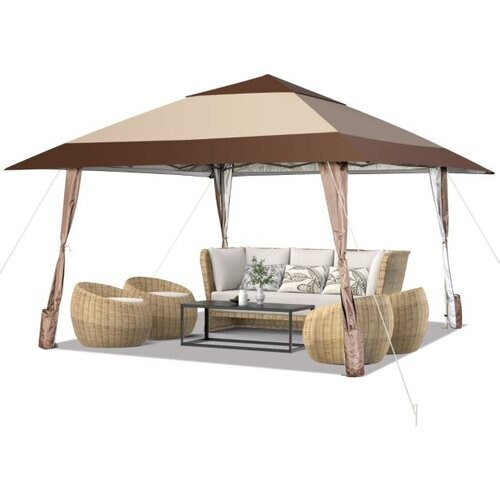 Tweedekans Coast Paviljoen – Weerbestendig Dak & Gordijnen – 400 x 400 x 285 cm – Beige/Bruin Tweedehands