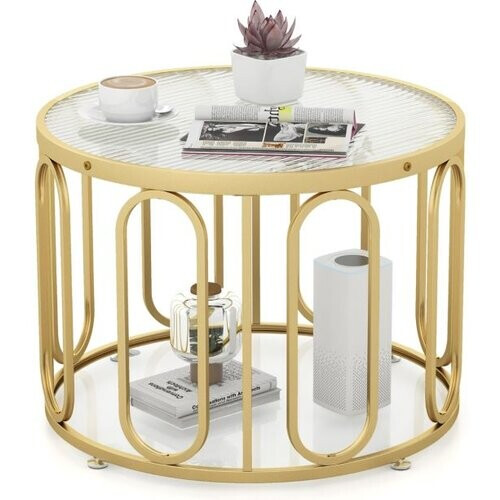 Tweedekans Coast Ronde Salontafel - Veiligheidsglas/Metaal - Max. 30 kg - Goud - 60,5x60,5x44,5 cm Tweedehands