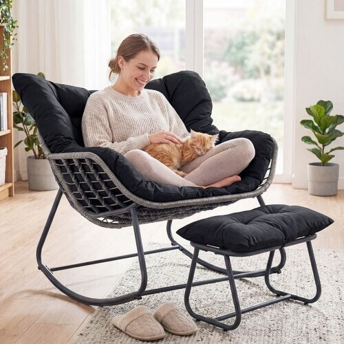Tweedekans Coast schommelstoel met voetenbank - ergonomisch ontwerp - metalen frame met PE-rattan - zwart
