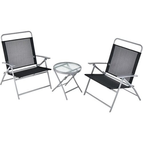 Tweedekans Coast Set van 2 Klapstoelen met Tafel – Inklapbaar & Weerbestendig – 70 x 68 x 90 cm – Zwart/Zilver Tweedehands