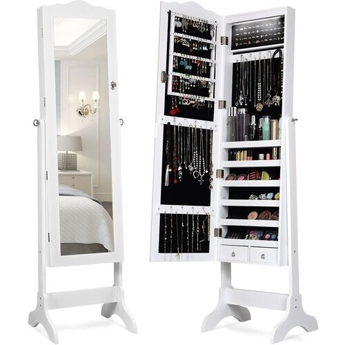 Tweedekans Coast sieradenkast - 12 Ledlampen - met spiegel - kantelbaar - met lades - 41,5 x 37 x 160 cm - wit