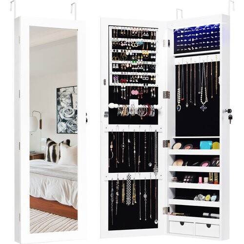 Tweedekans Coast Sieradenkast Met 15 LED-lampjes Juwelendoos Met Grote Spiegel - 37 x 9,6 x 120 cm - Wit