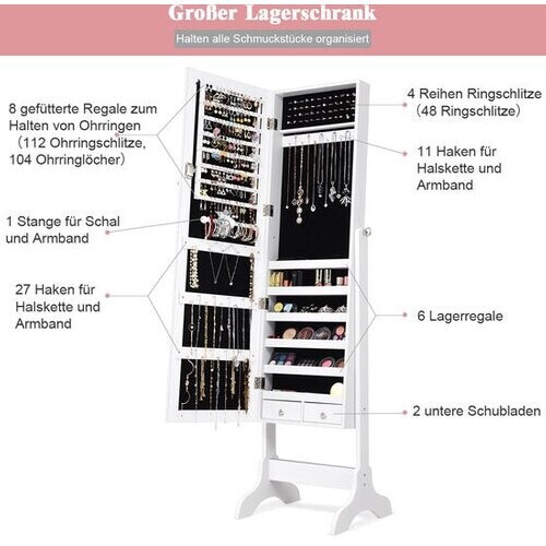 Tweedekans Coast Sieradenkast Sluitbare Chmuck Spiegelkast met spiegel 46 x 37 x 156 cm wit