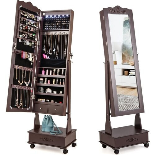 Tweedekans Coast sieradenkast spiegelkast met full body spiegel en lade & led Brown