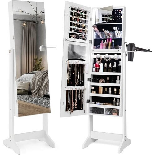 Tweedekans coast Staand Juwelenkabinet – Wit – 41 x 37 x 156 cm – Spiegel over de Hele Lengte – LED 3 Kleuren – Afsluitbaar – Haardrogerhouder en Acrylvakjes Tweedehands