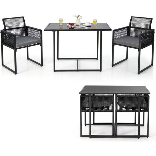 Tweedekans Coast Terrasmeubelset 3-Delig PE Rotan Zwart met Inklapbare Rugleuning, Tafel 108x60x72 cm en Stoelen 54x52x85 cm