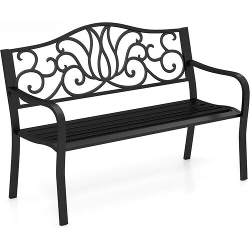 Tweedekans coast Tuinbank Zwart - Gietijzeren Rugleuning met Bloemenpatroon - 127 x 61 x 89 cm - 2-3 Persoons Terrasbank met Armleuningen Tweedehands