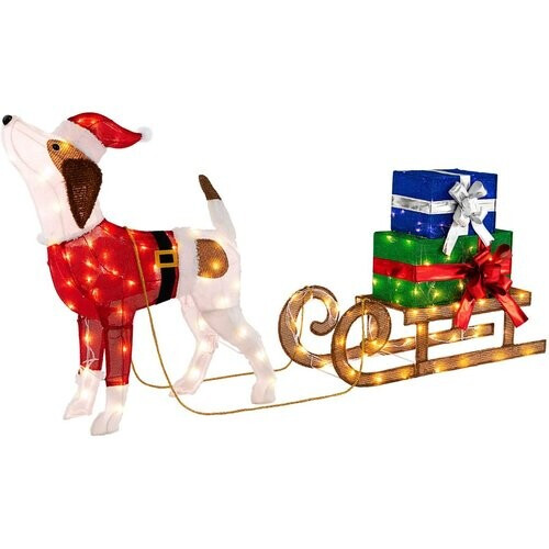 Tweedekans Coast Verlichte Kerstdecoratie - Kersthond met Slee - 78 x 21 x 82 cm - Kleurrijk Tweedehands