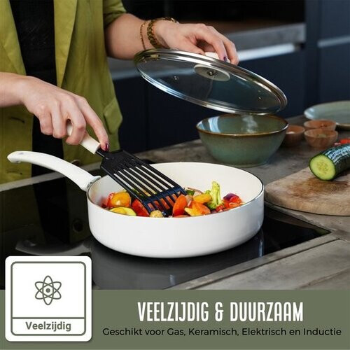 Tweedekans COOCK 19-Delige Pannenset Inductie - Speciale Anti-Aanbak Coating - Ergonomische Koudgrepen - Gerecycled Aluminium - koekenpannenset - kookpottenset - Wit - Inclusief Onderzetters en E-book Tweedehands