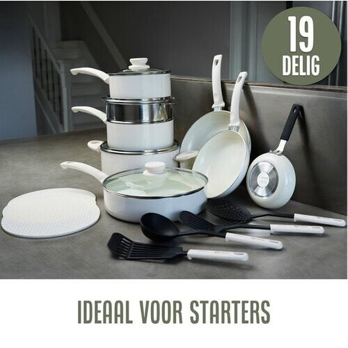 Tweedekans COOCK 19-Delige Pannenset Inductie - Speciale Anti-Aanbak Coating - Ergonomische Koudgrepen - Gerecycled Aluminium - koekenpannenset - kookpottenset - Wit - Inclusief Onderzetters en E-book Tweedehands