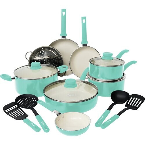 Tweedekans COOCK 19-Delige Pannenset Inductie - Speciale Anti-Aanbak Coating - Ergonomische Koudgrepen - Gerecycled Aluminium - koekenpannenset - kookpottenset - Turqoise (Groen) - Inclusief Onderzetters en E-book Tweedehands