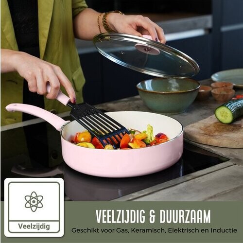 Tweedekans COOCK 19-Delige Pannenset - Speciale Anti-Aanbak Coating - Ergonomische Koudgrepen - Gerecycled Aluminium - koekenpannenset - kookpottenset - Lichtroze - Inclusief Onderzetters en E-book Tweedehands