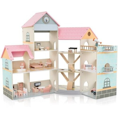 Tweedekans Costway Poppenhuis – 3 Verdiepingen & 42 Accessoires – 107 x 82 x 94 cm – Roze Tweedehands